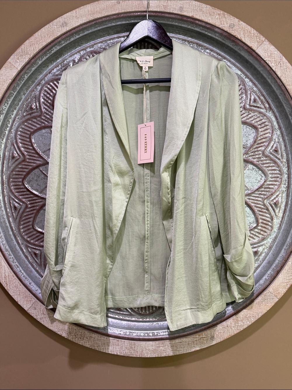 NWT 1.4.3. Story by Line Up Mint Green Open-Front Draped Blazer with Pockets